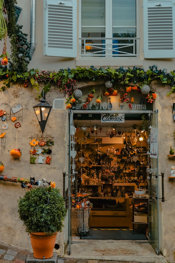 Parisian shop with charming decor, featuring plants, shutters, and inviting entrance.